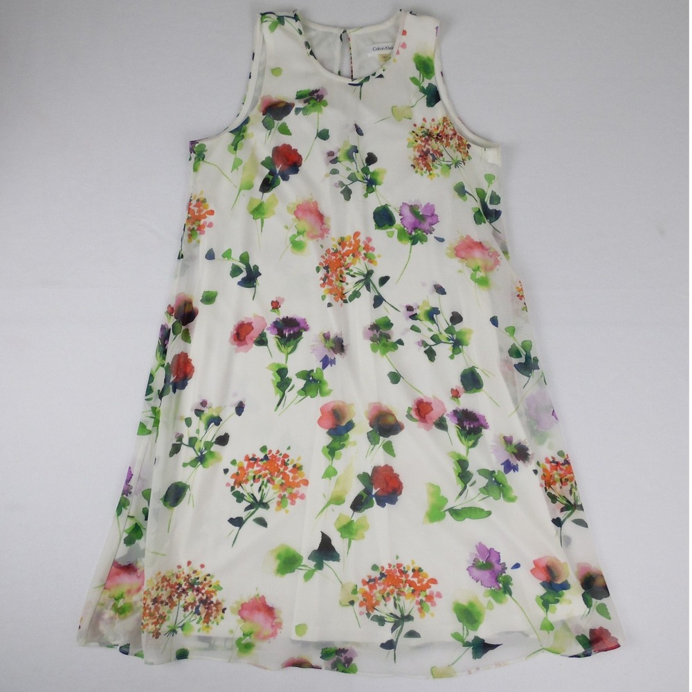 Calvin Klein Womens Dress‎ Size 8 Medium Floral White Cottagecore Garden Party